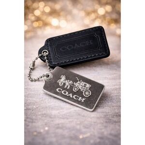 Coach Double Hangtag Black Leather and Silver Horse Carriage Bag Charm Accessory